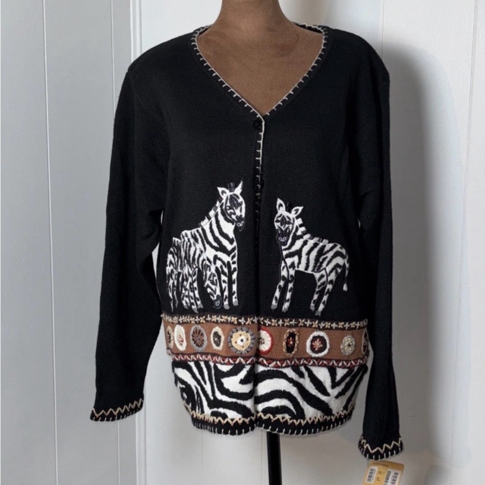 Vintage Arriviste Black Cardigan Sweater Zebra,Beading  Cotton Blend  XL‎ NWT